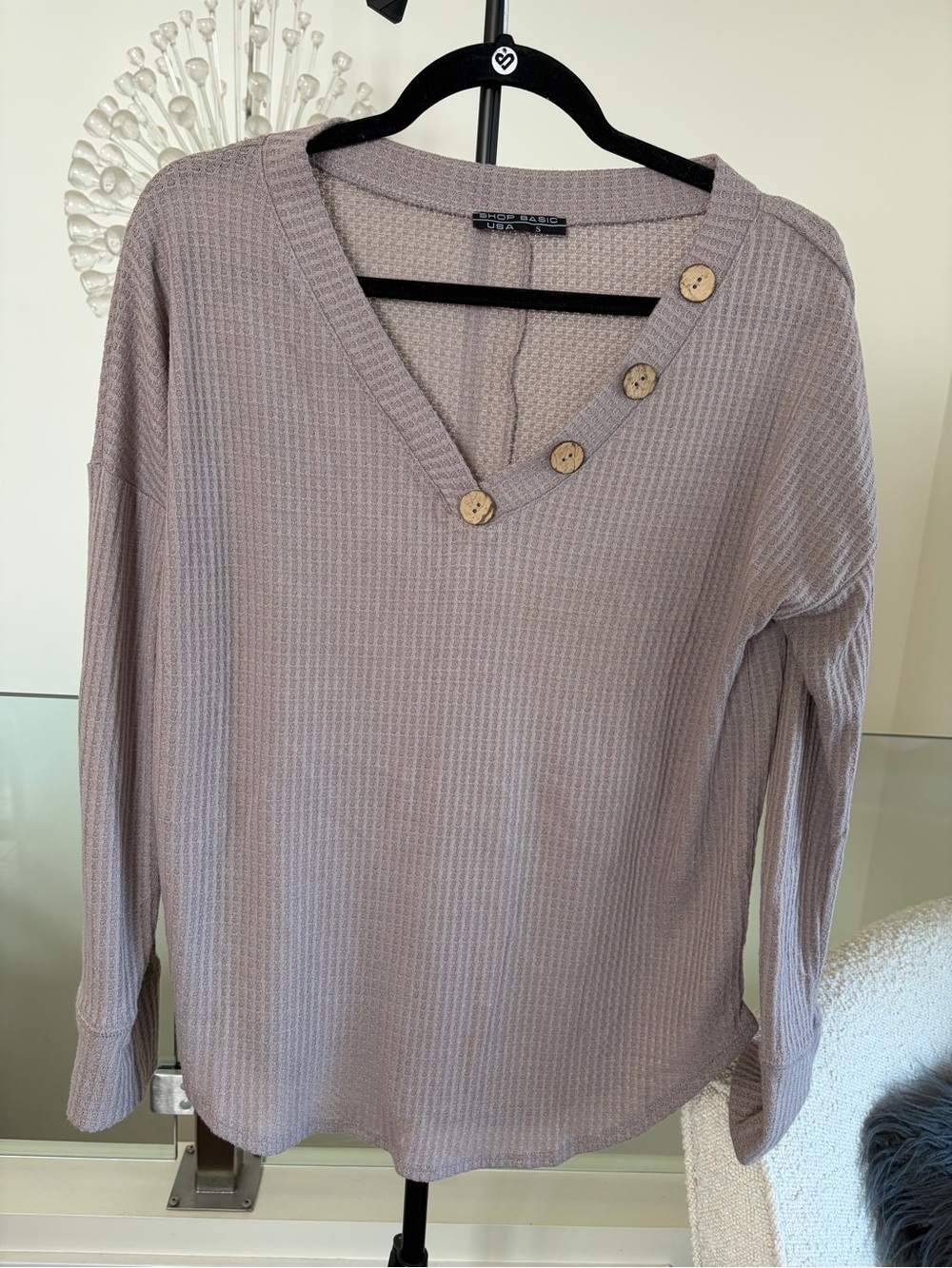 Waffle Knit V-Neck Button-Accent Long Sleeve Top - Taupe